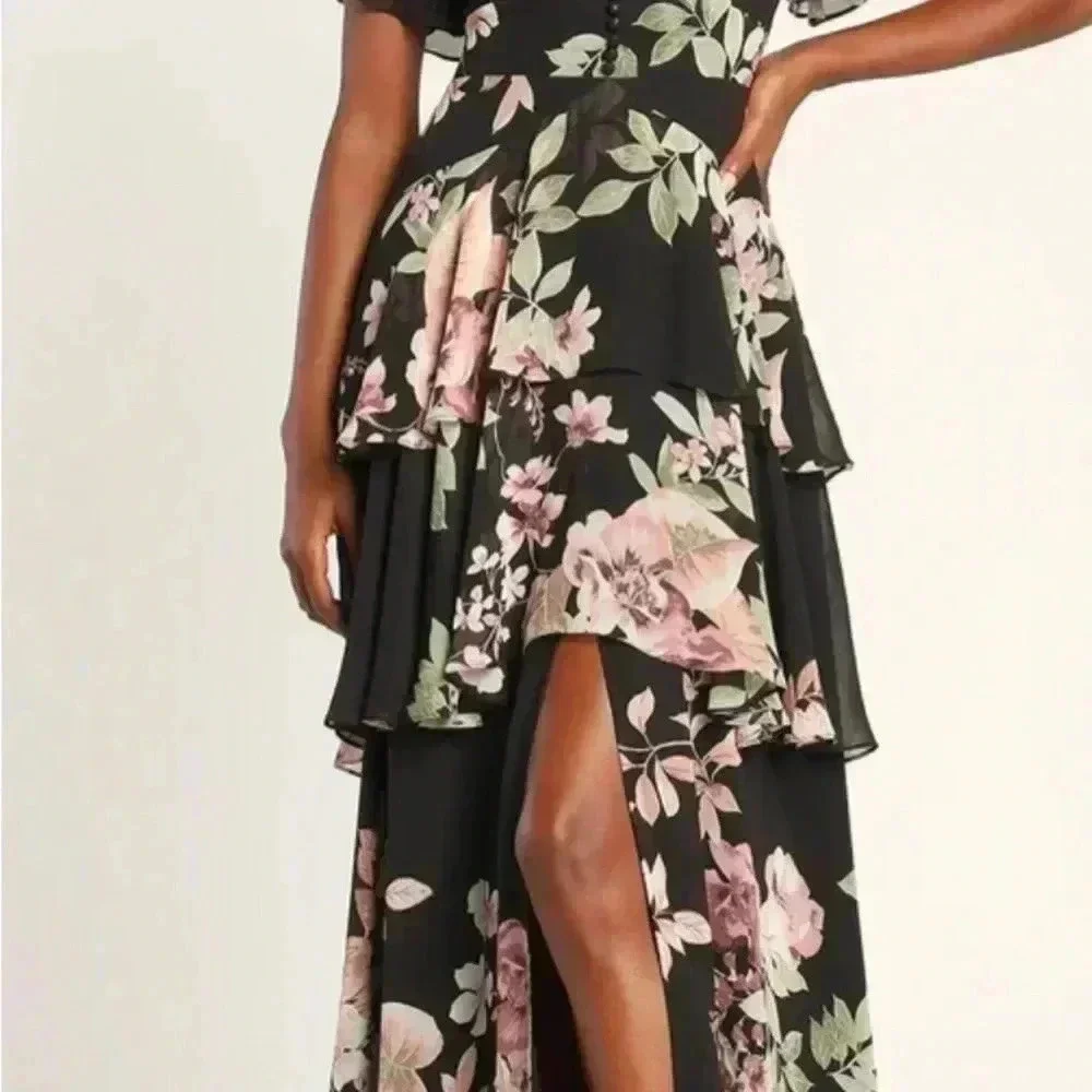 Lulus Feeling Cherished black Floral Ruffled Wrap Tiered Maxi Dress